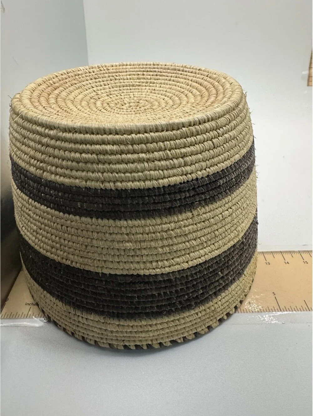 Handwoven Coiled Striped Basket Natural Fiber Boho Tribal Decor Brown Beige 7.5